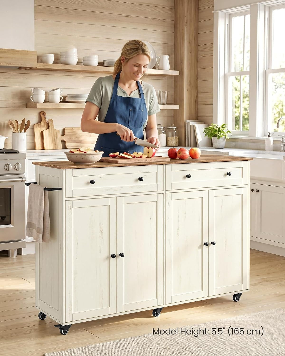 White Brown Rolling Kitchen Island