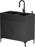 32" Black Double Bowl Laundry Sink Cabinet
