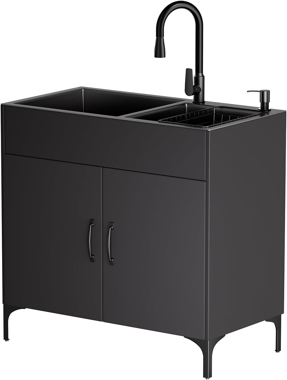 32" Black Double Bowl Laundry Sink Cabinet