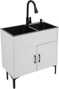 30" White Double Bowl Laundry Sink Cabinet
