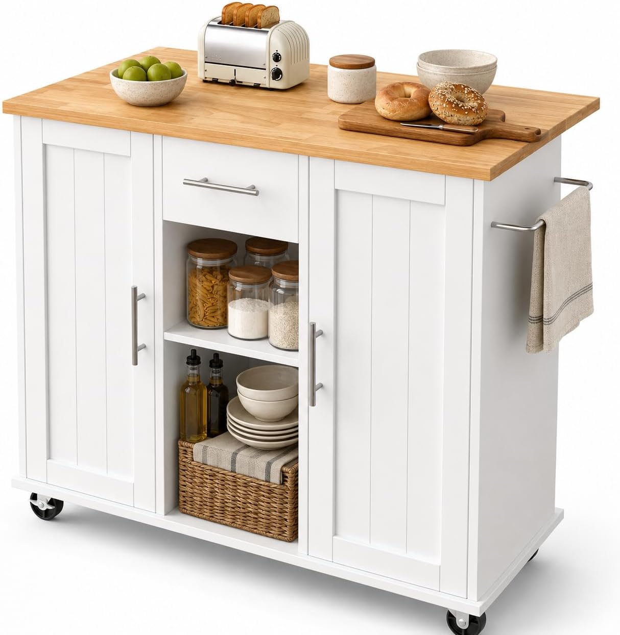42" White Rolling Kitchen Island Cart