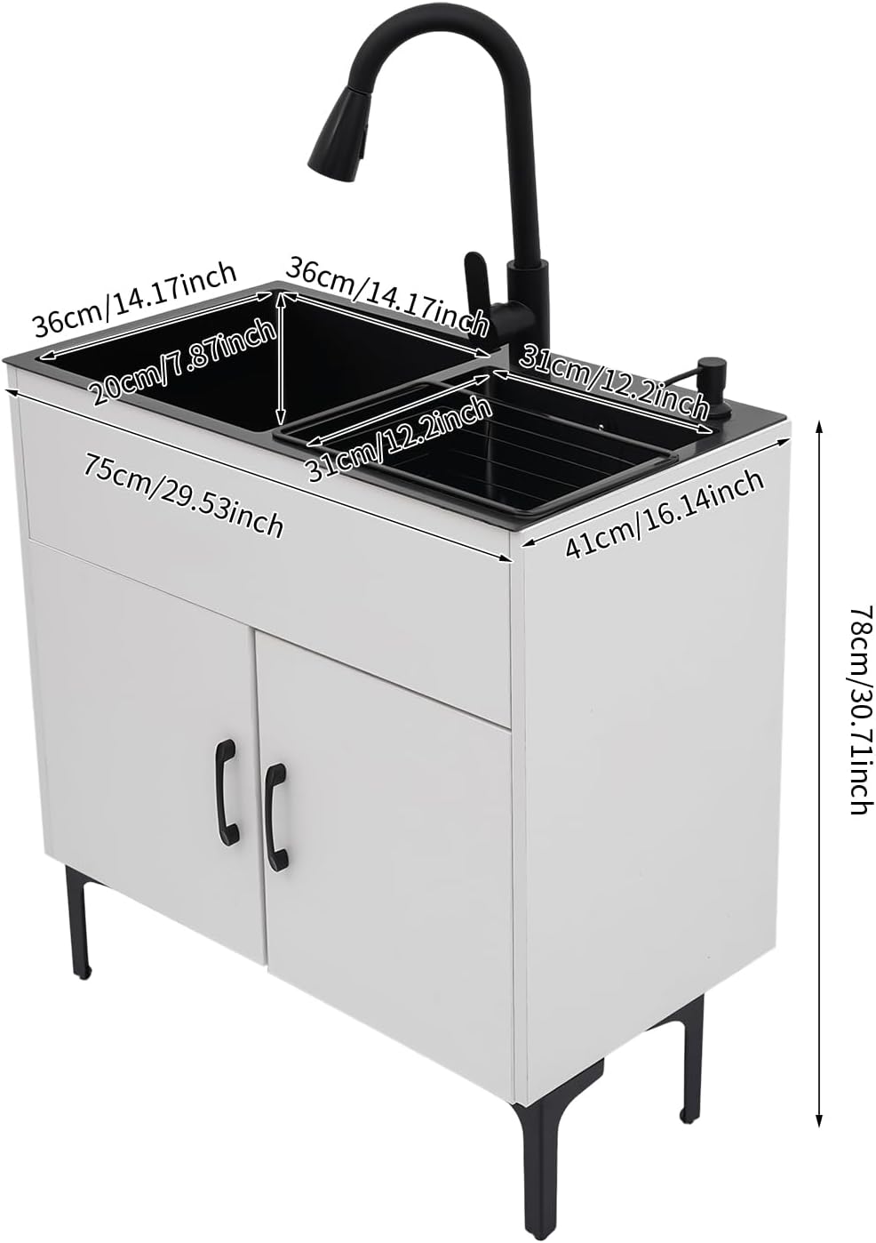 30" White Double Bowl Laundry Sink Cabinet