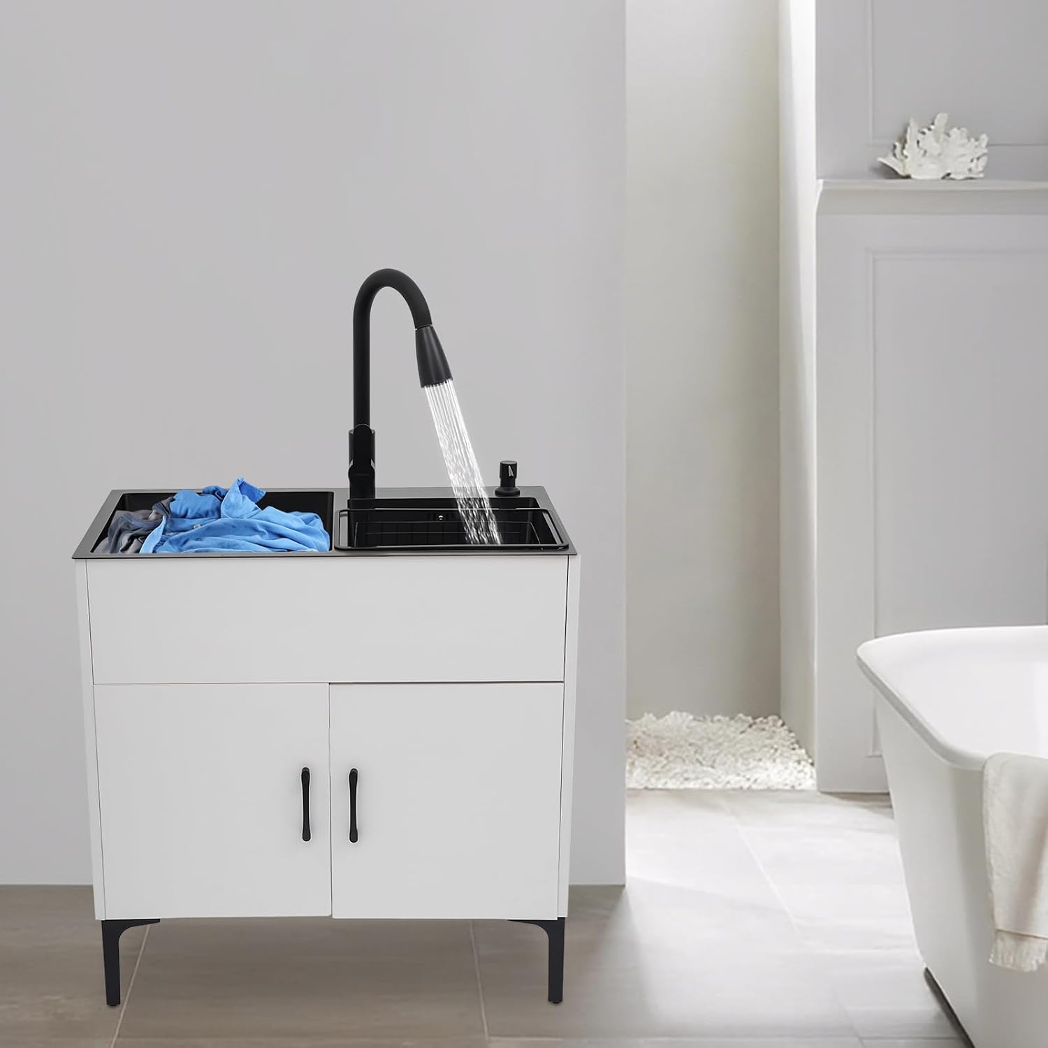 30" White Double Bowl Laundry Sink Cabinet