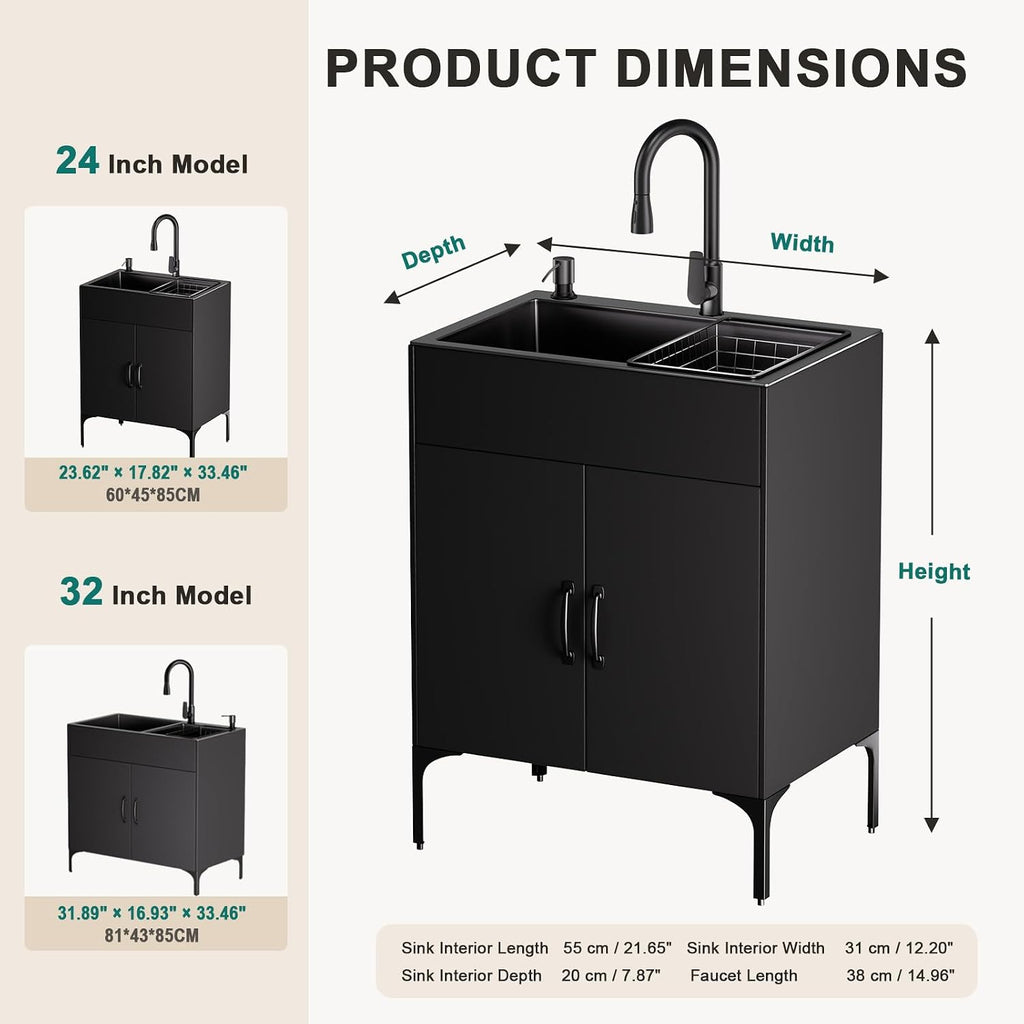 32" Black Double Bowl Laundry Sink Cabinet