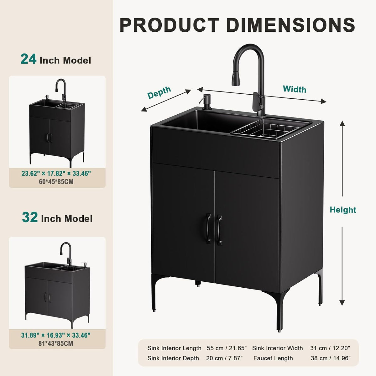 32" Black Double Bowl Laundry Sink Cabinet