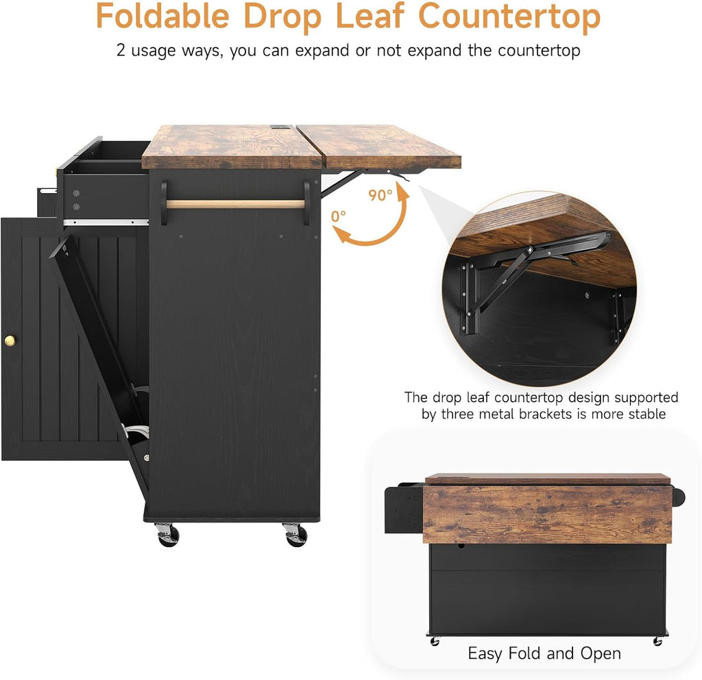 60" Black Brown Rolling Kitchen Island
