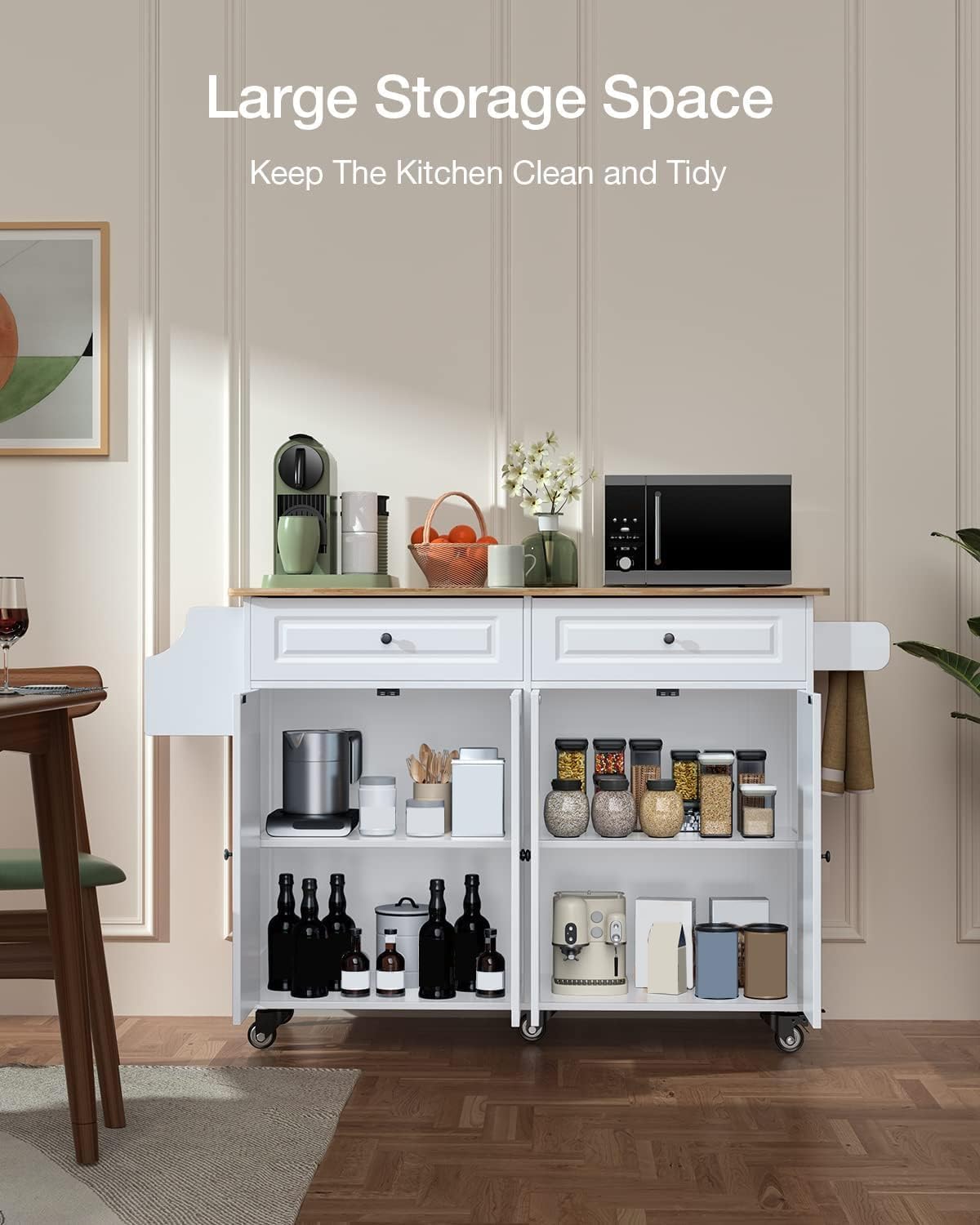 White Wood Top Rolling Kitchen Island