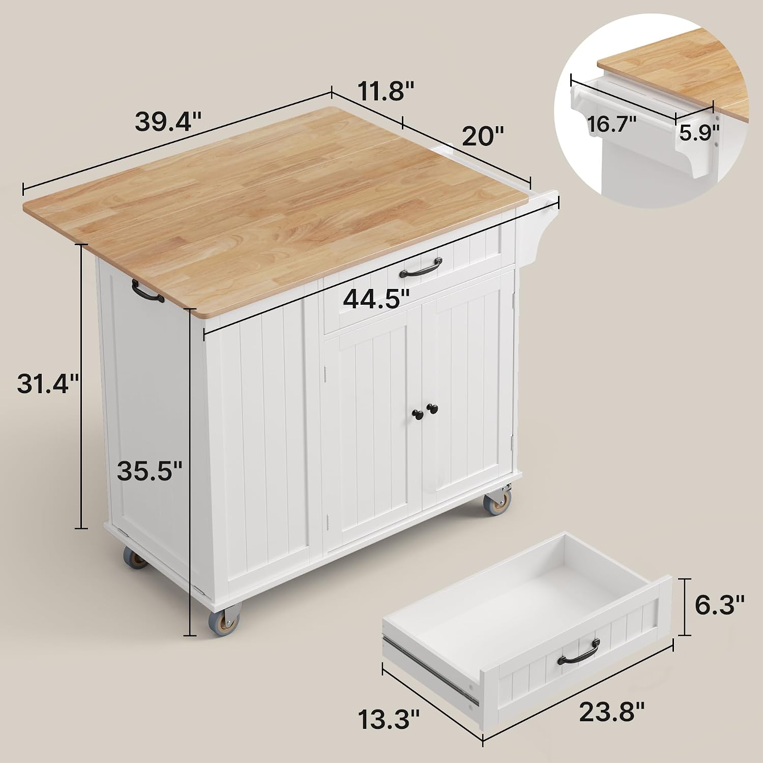 44.49" White Rolling Kitchen Island