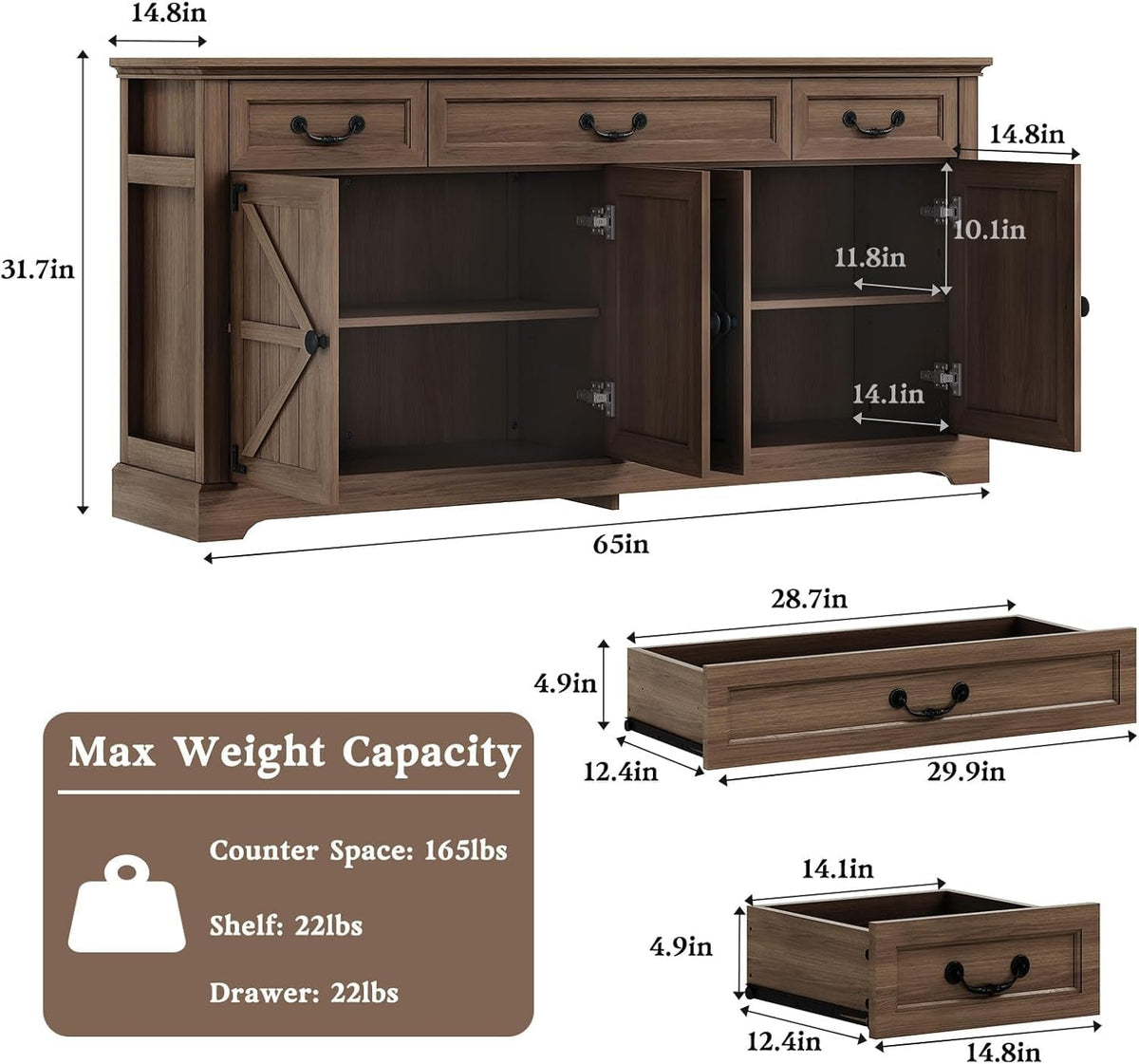 Dark Walnut 65" Farmhouse Sideboard