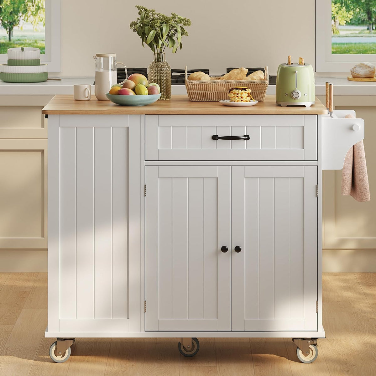 44.49" White Rolling Kitchen Island