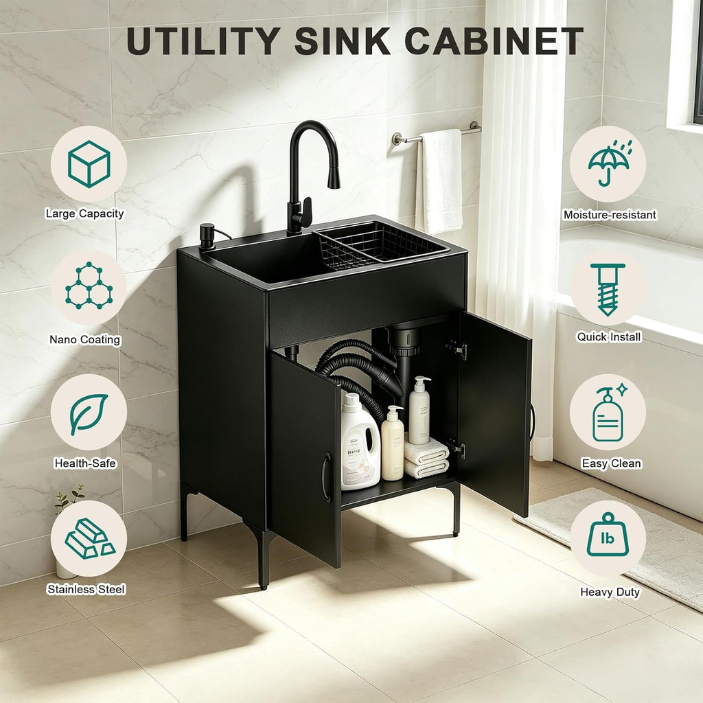 32" Black Double Bowl Laundry Sink Cabinet