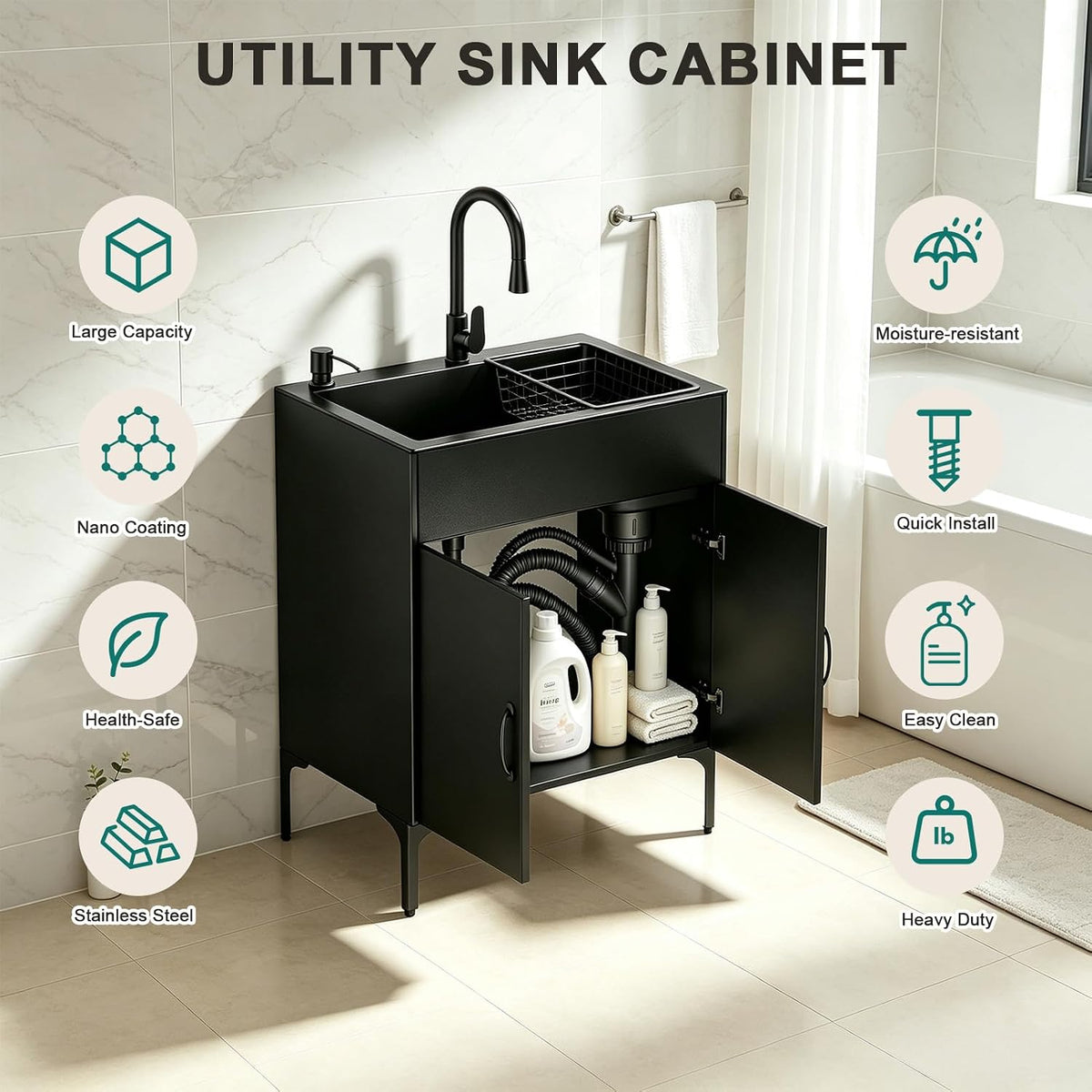 32" Black Double Bowl Laundry Sink Cabinet