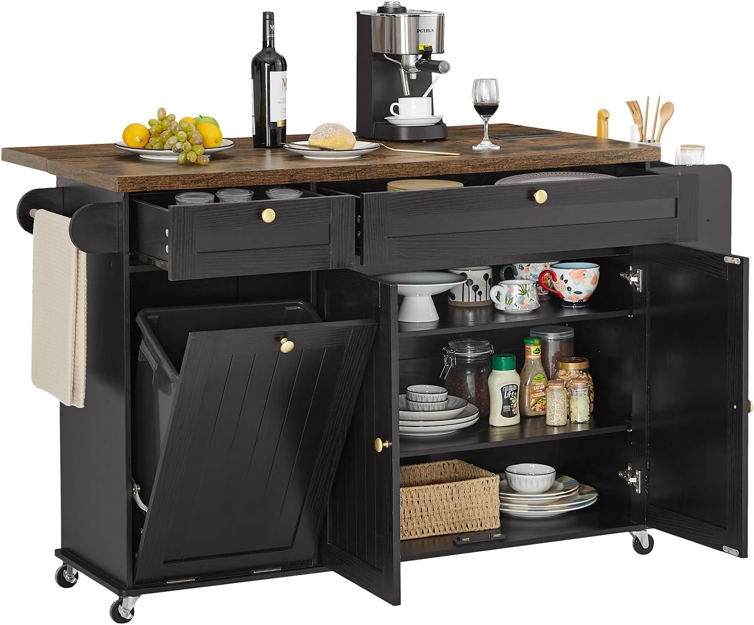 60" Black Brown Rolling Kitchen Island