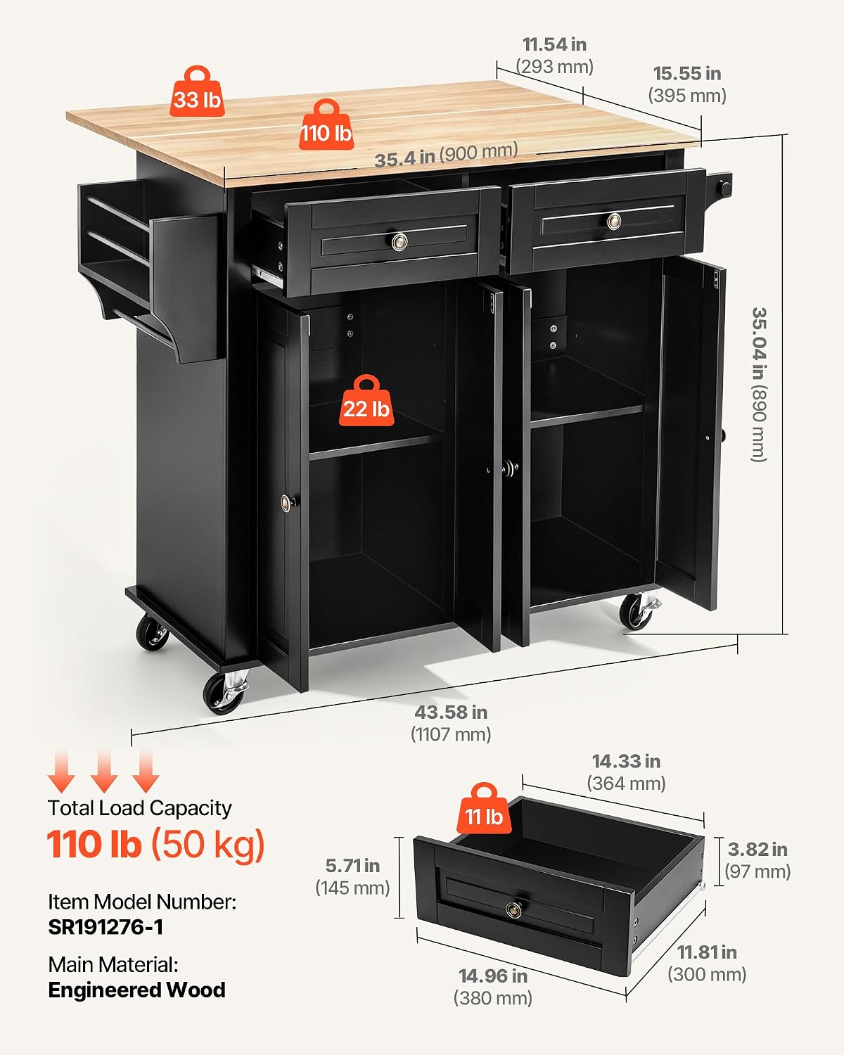 Black Rolling Kitchen Island Cart