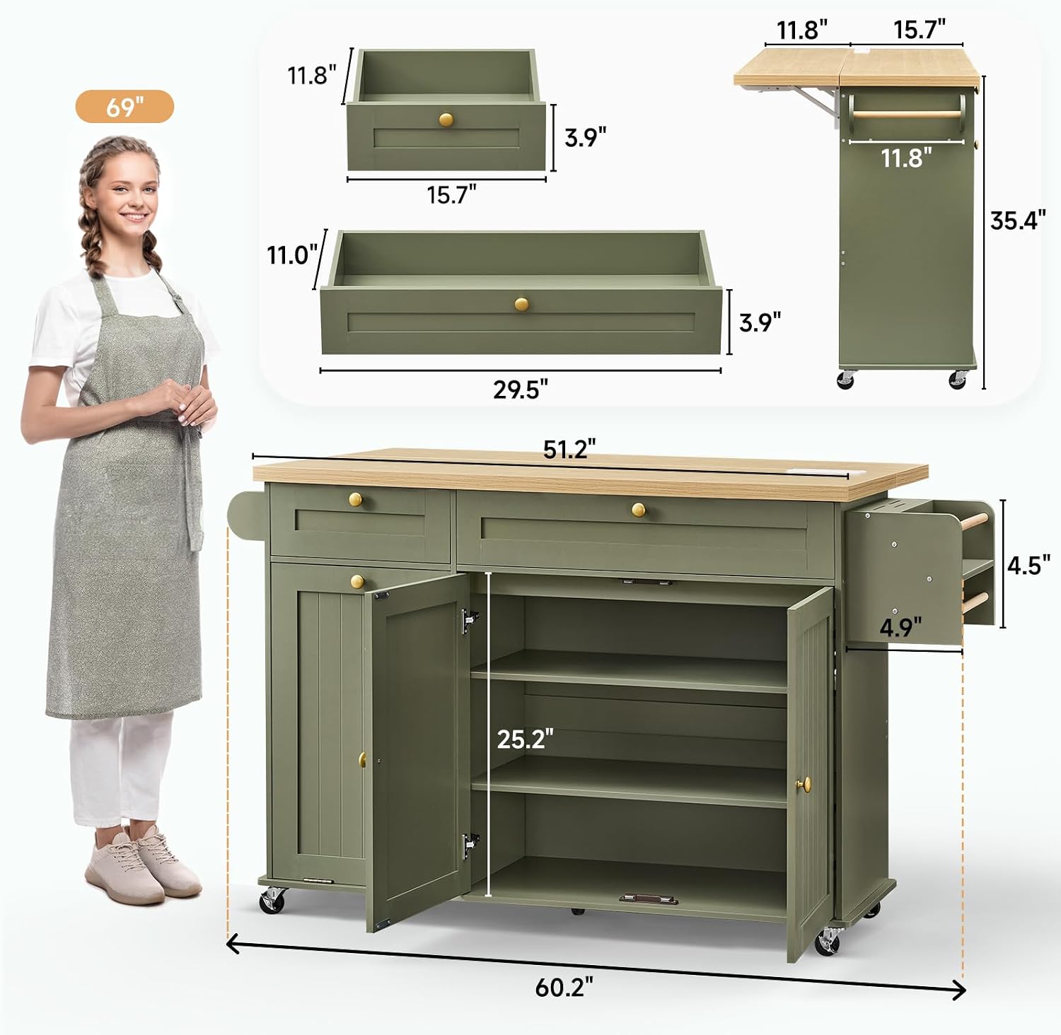 60" Green Rolling Power Kitchen Island