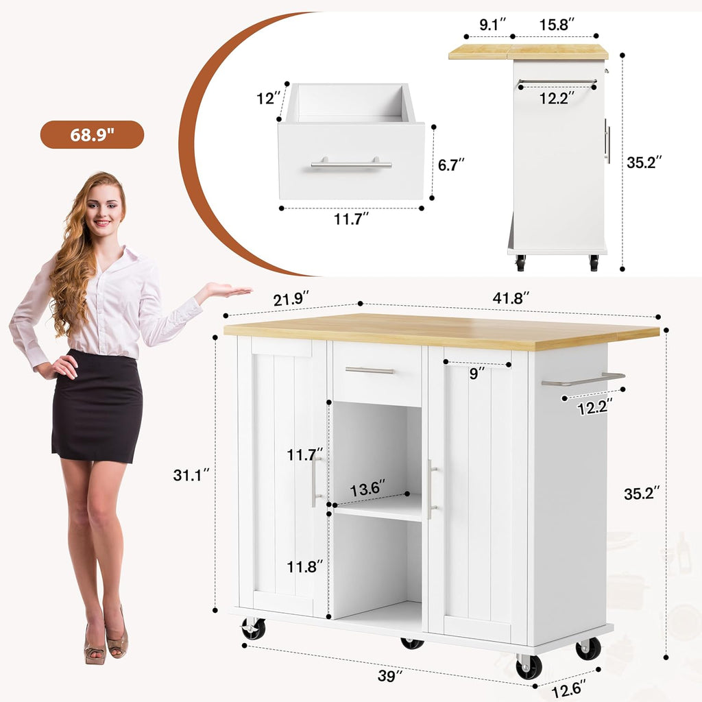 42" White Rolling Kitchen Island Cart