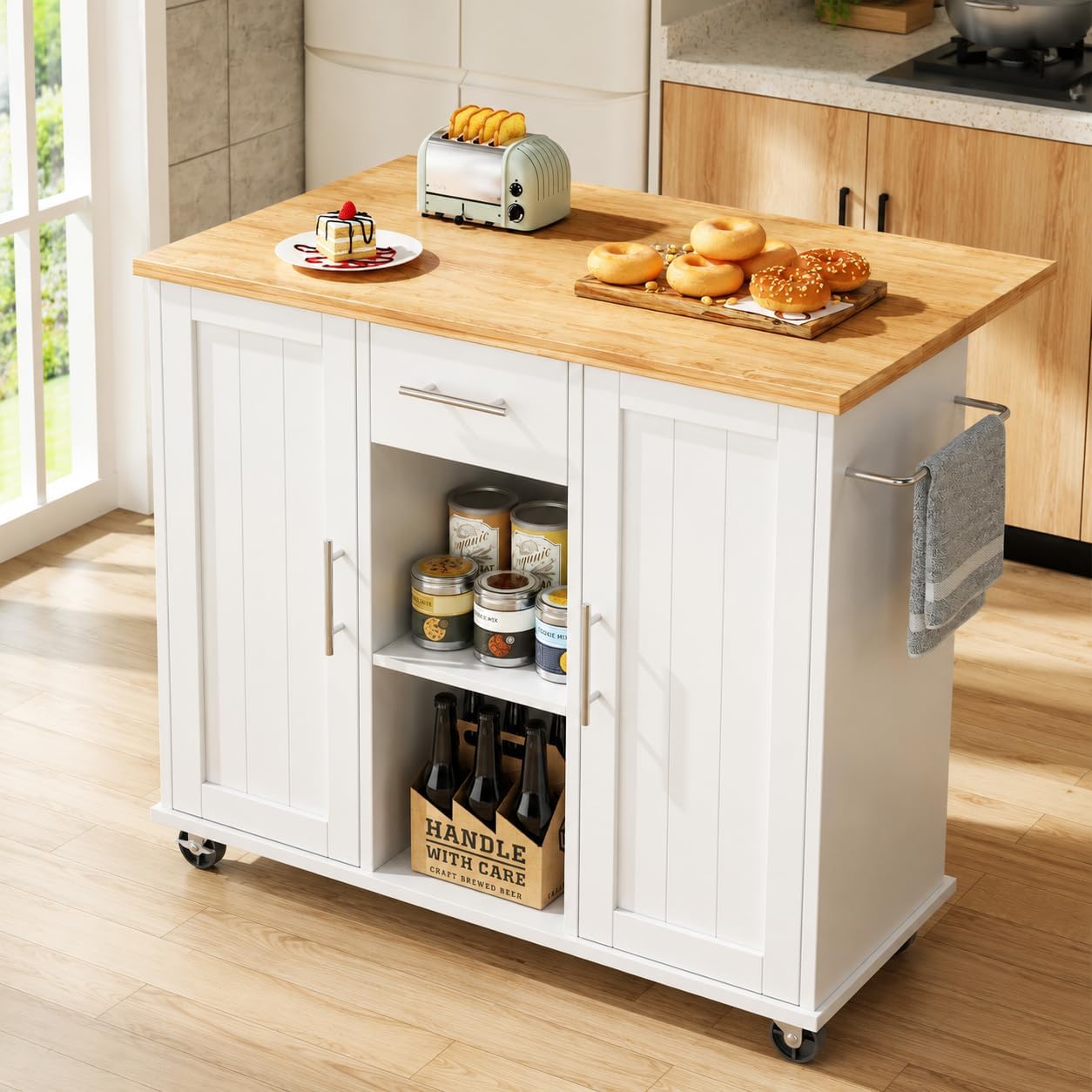 42" White Rolling Kitchen Island Cart