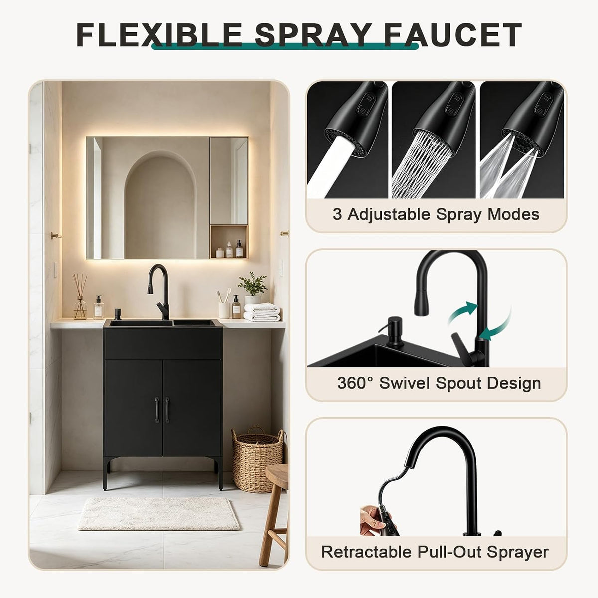 32" Black Double Bowl Laundry Sink Cabinet