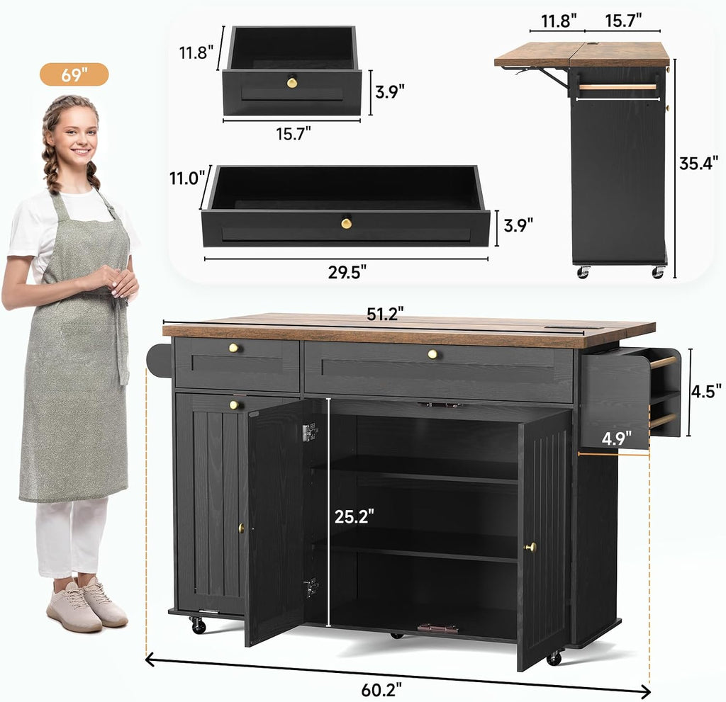 60" Black Brown Rolling Kitchen Island