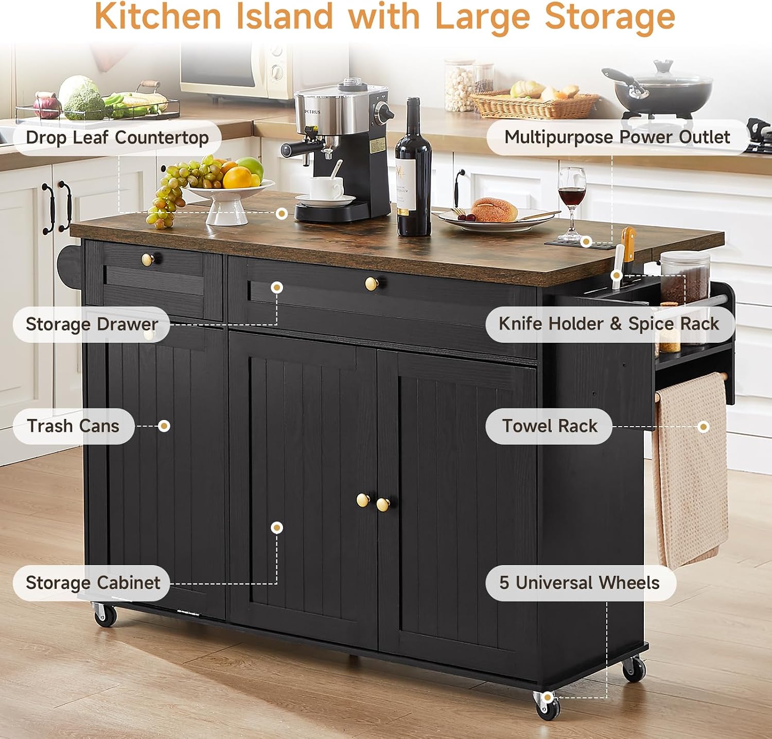 60" Black Brown Rolling Kitchen Island
