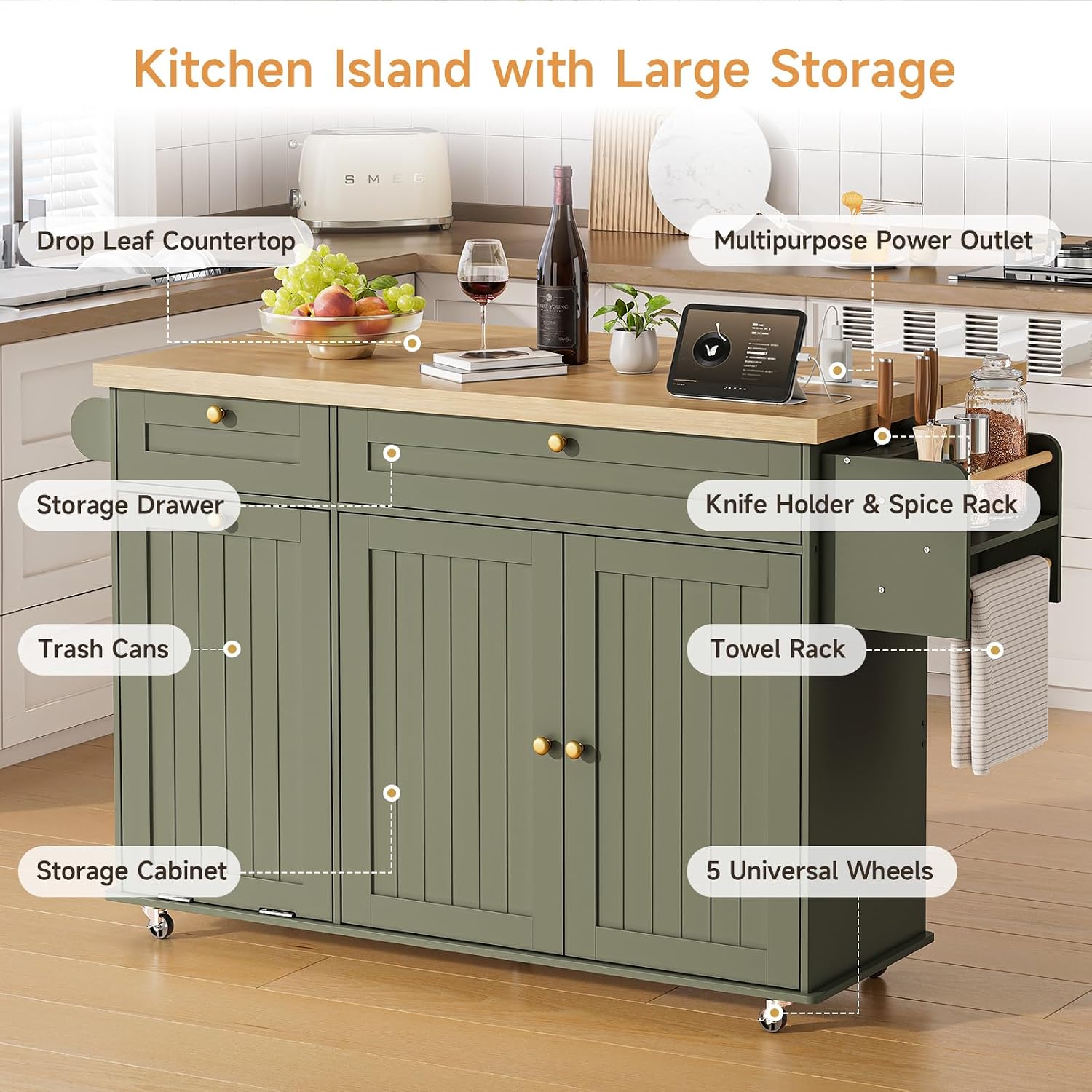 60" Green Rolling Power Kitchen Island