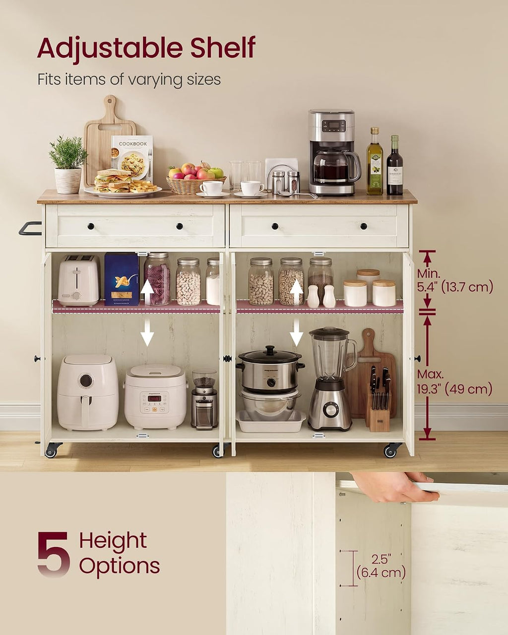 White Brown Rolling Kitchen Island