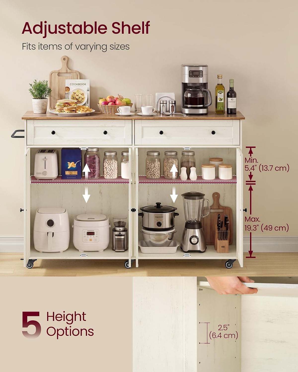 White Brown Rolling Kitchen Island