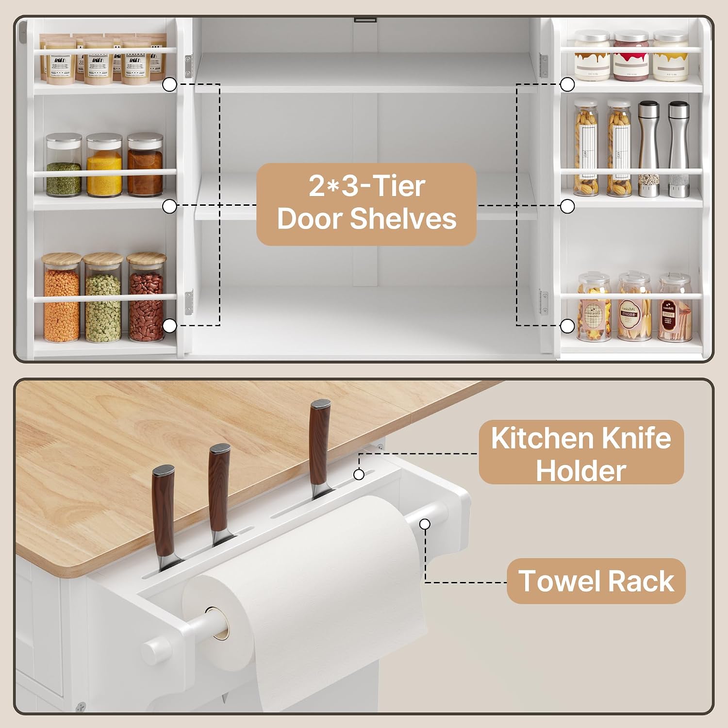 44.49" White Rolling Kitchen Island