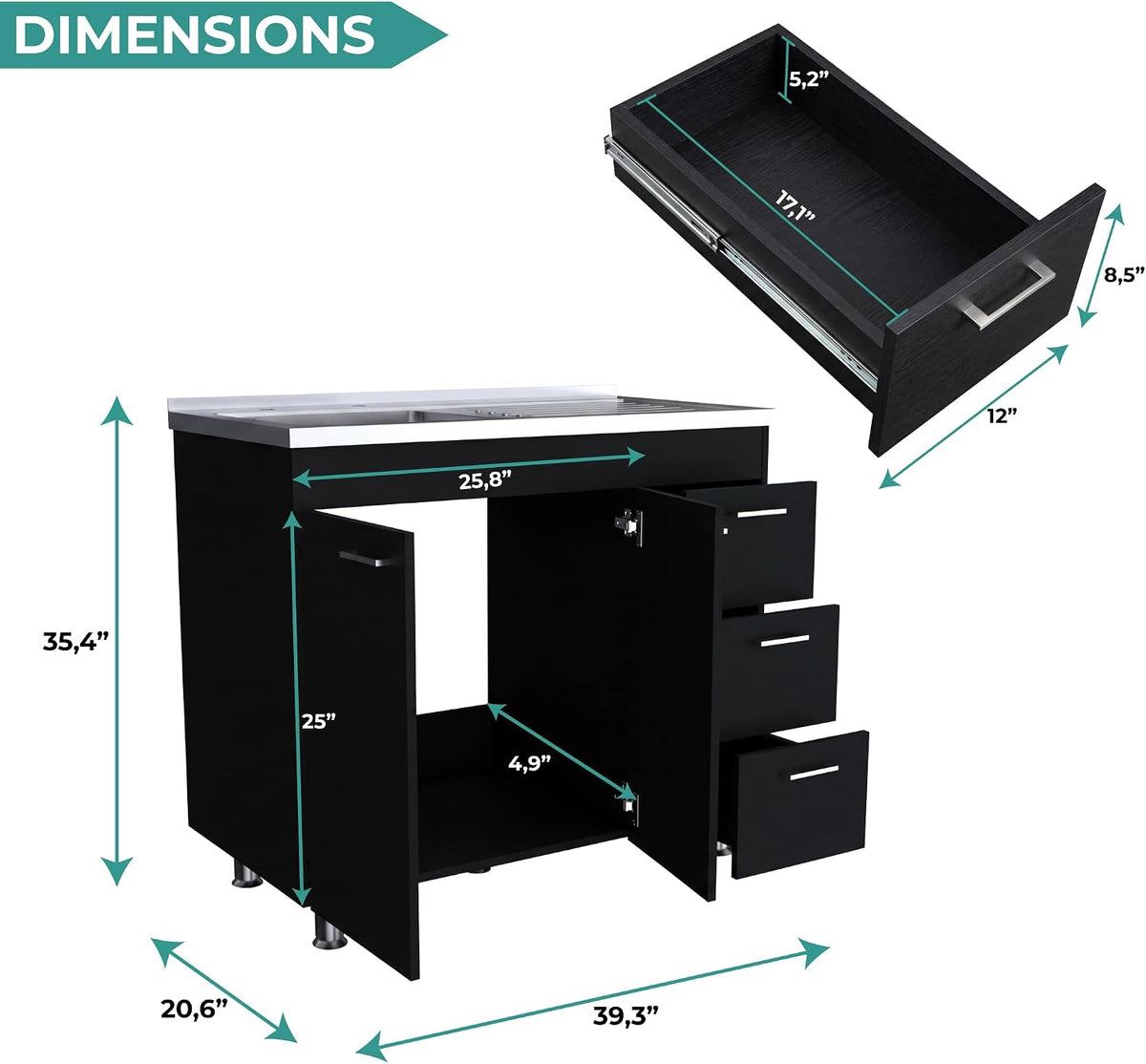 39.4" White Black Utility Sink Cabinet