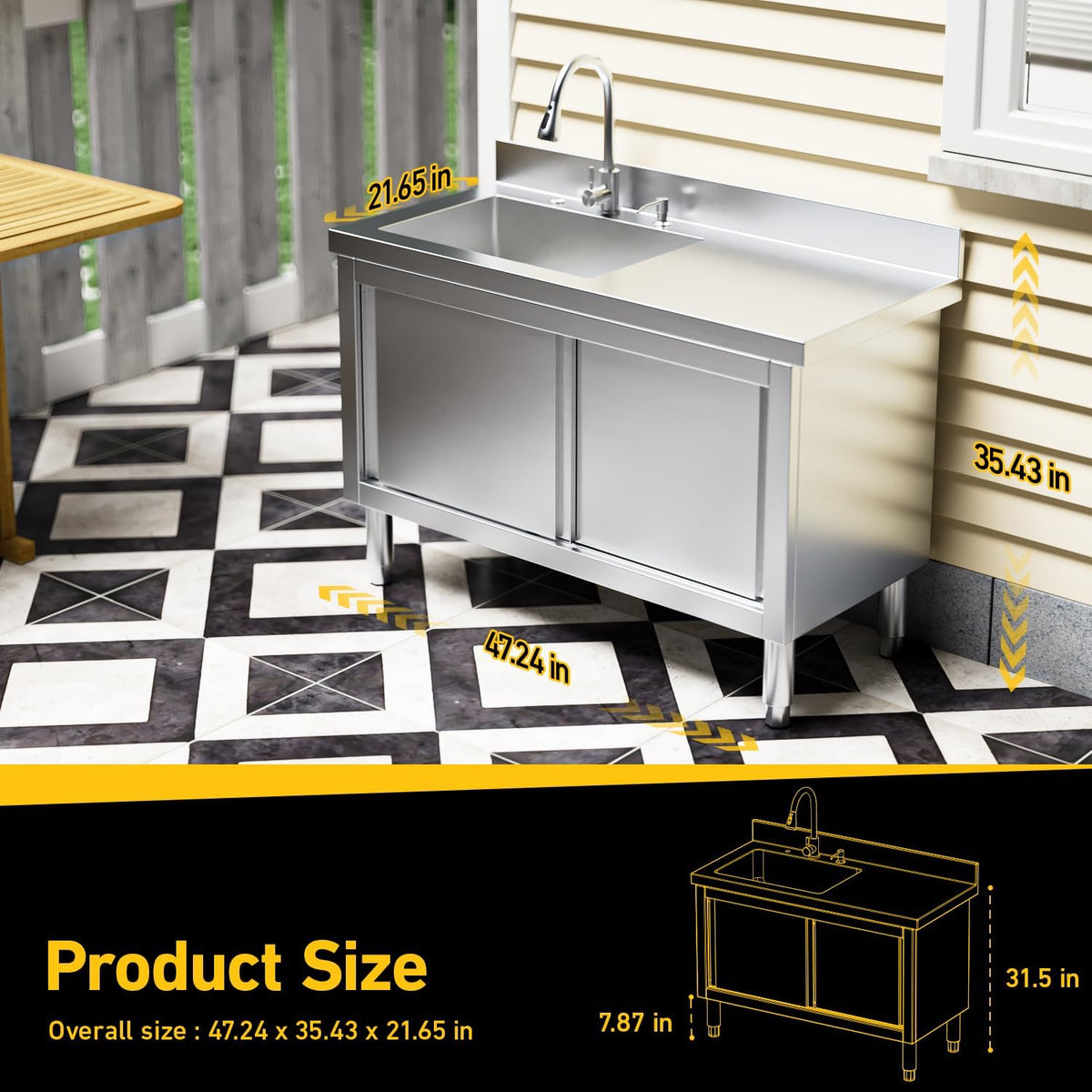 47" Stainless Steel Freestanding Laundry Sink Cabinet