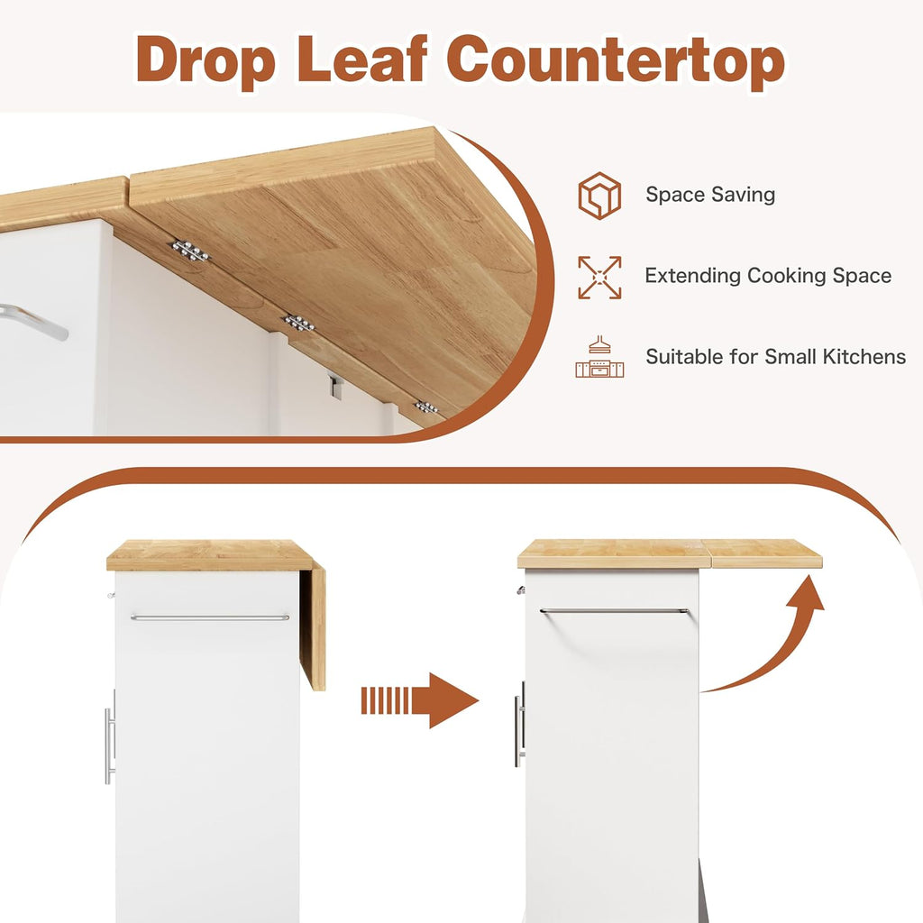 42" White Rolling Kitchen Island Cart