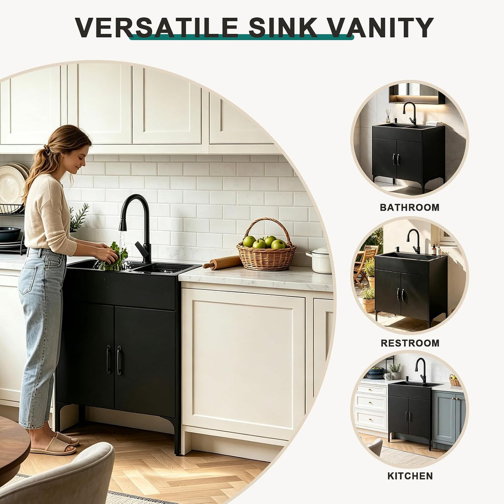 32" Black Double Bowl Laundry Sink Cabinet
