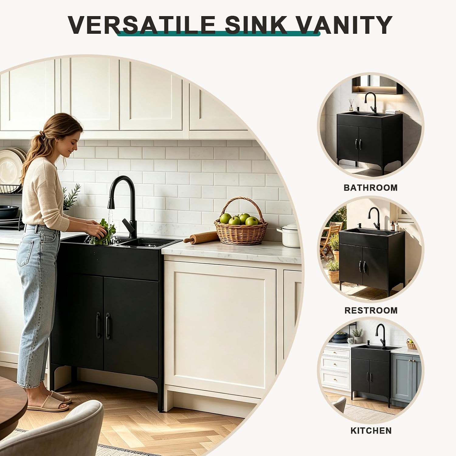 32" Black Double Bowl Laundry Sink Cabinet