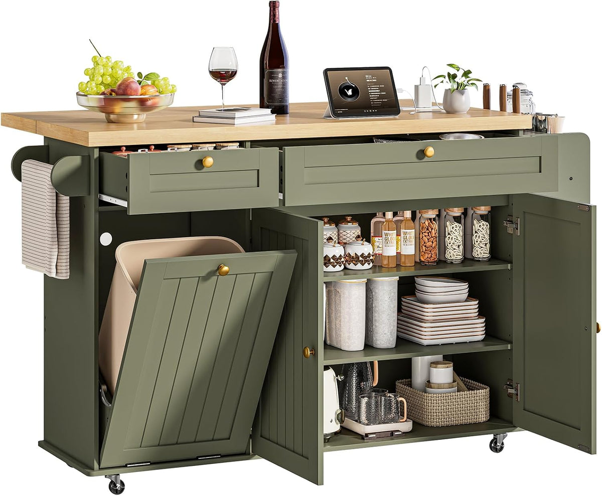 60" Green Rolling Power Kitchen Island
