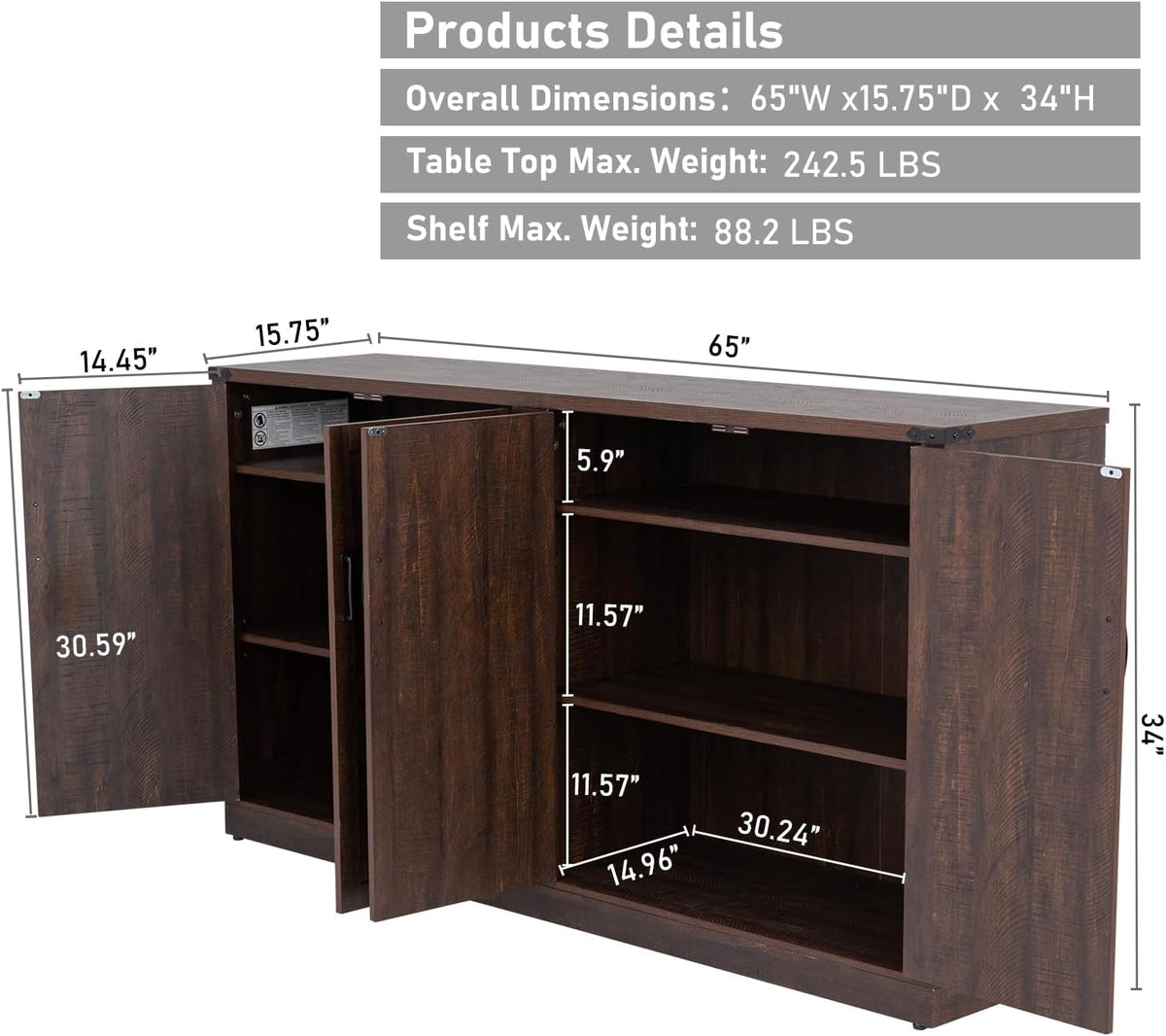 65" Brown Farmhouse Sideboard