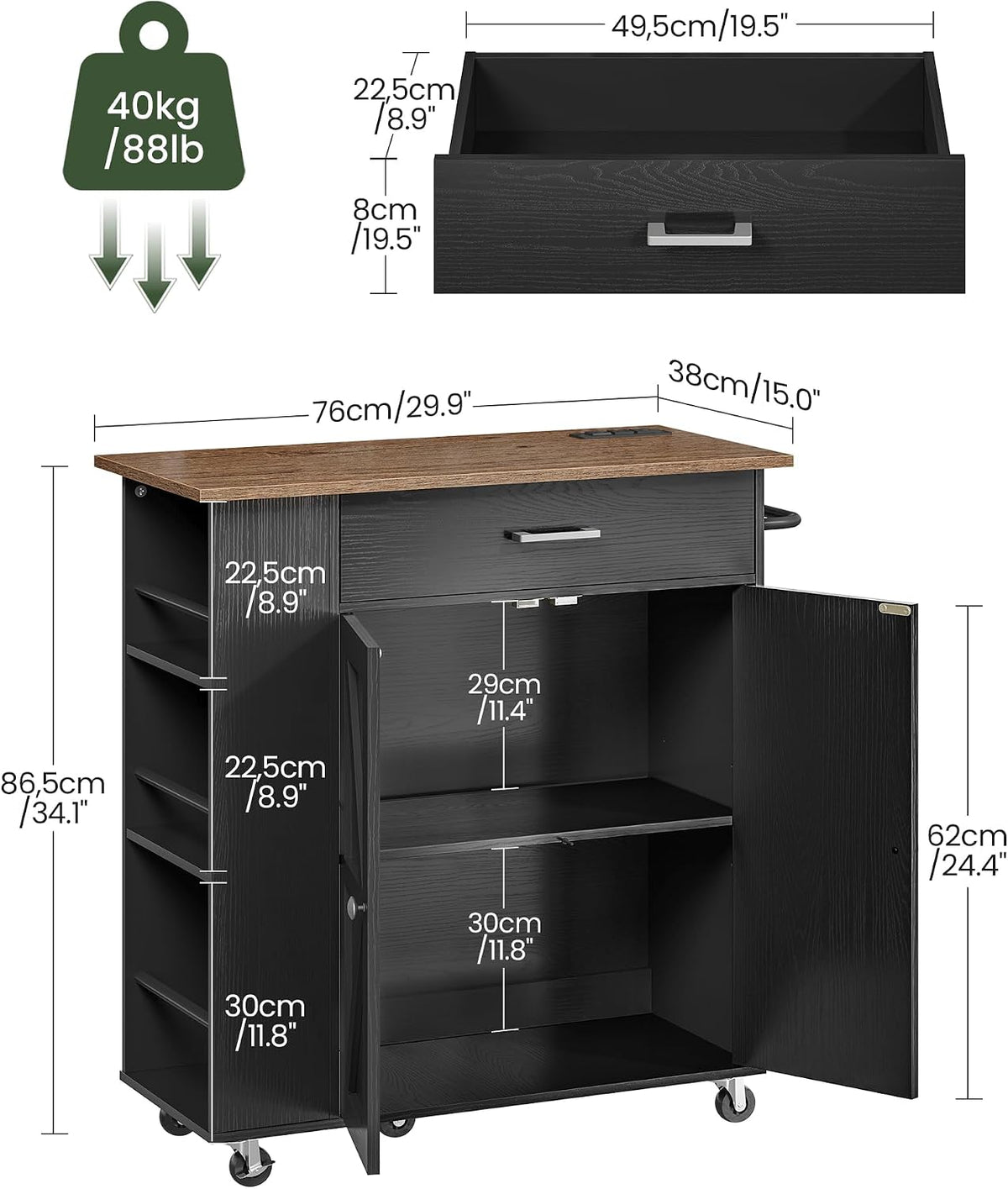 Mobile Charging Kitchen Island Cart