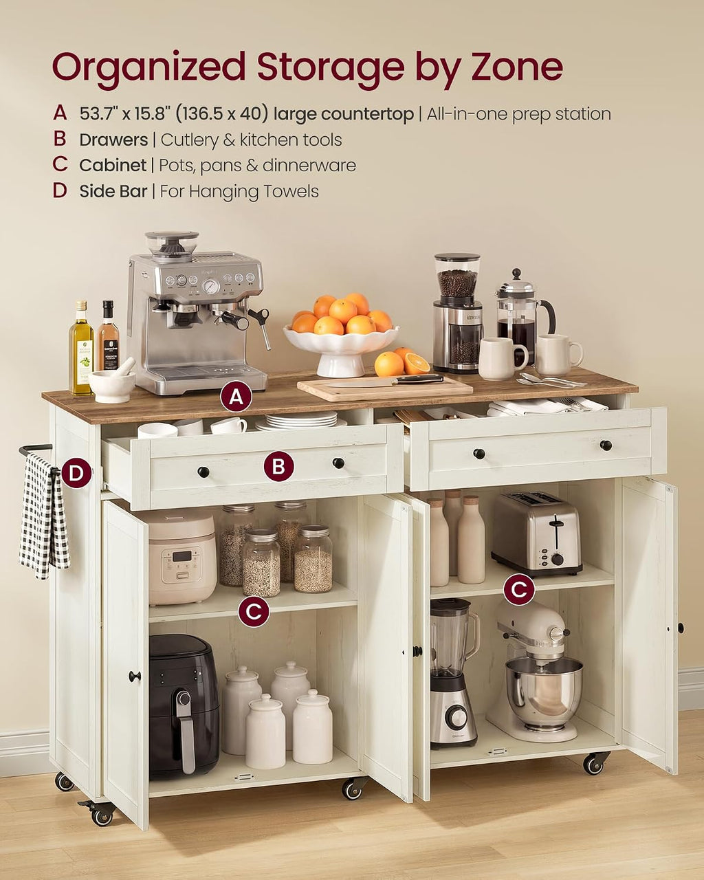 White Brown Rolling Kitchen Island