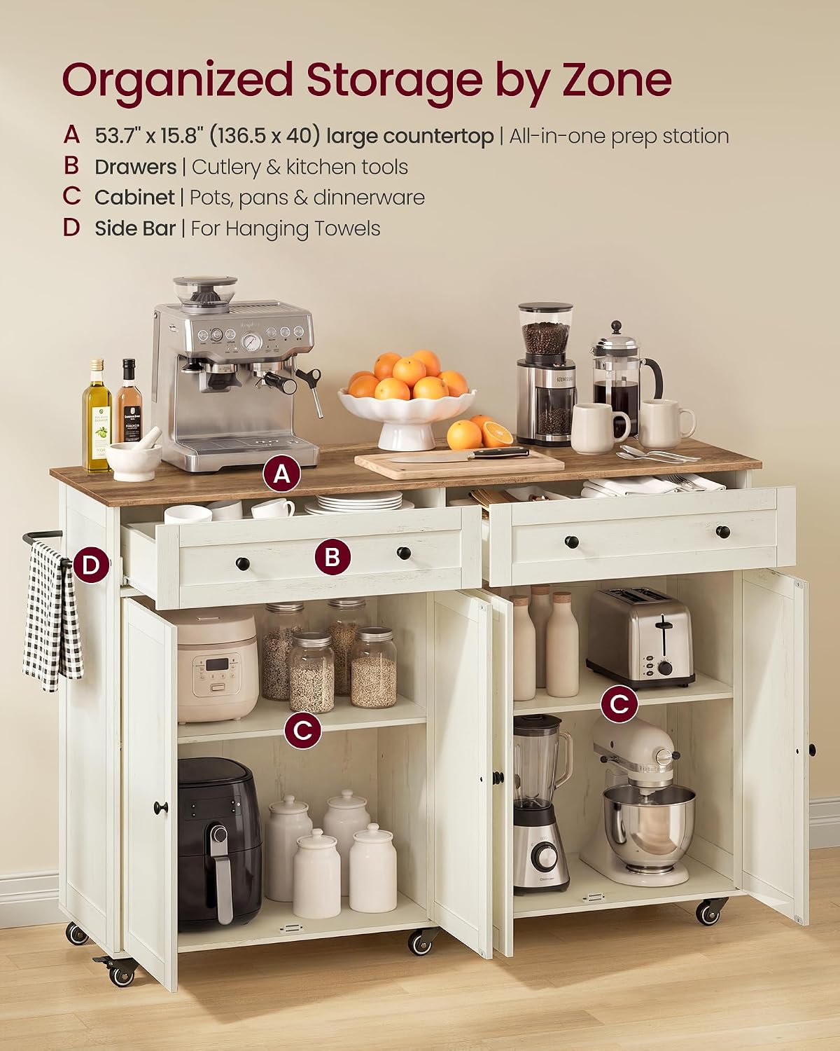 White Brown Rolling Kitchen Island