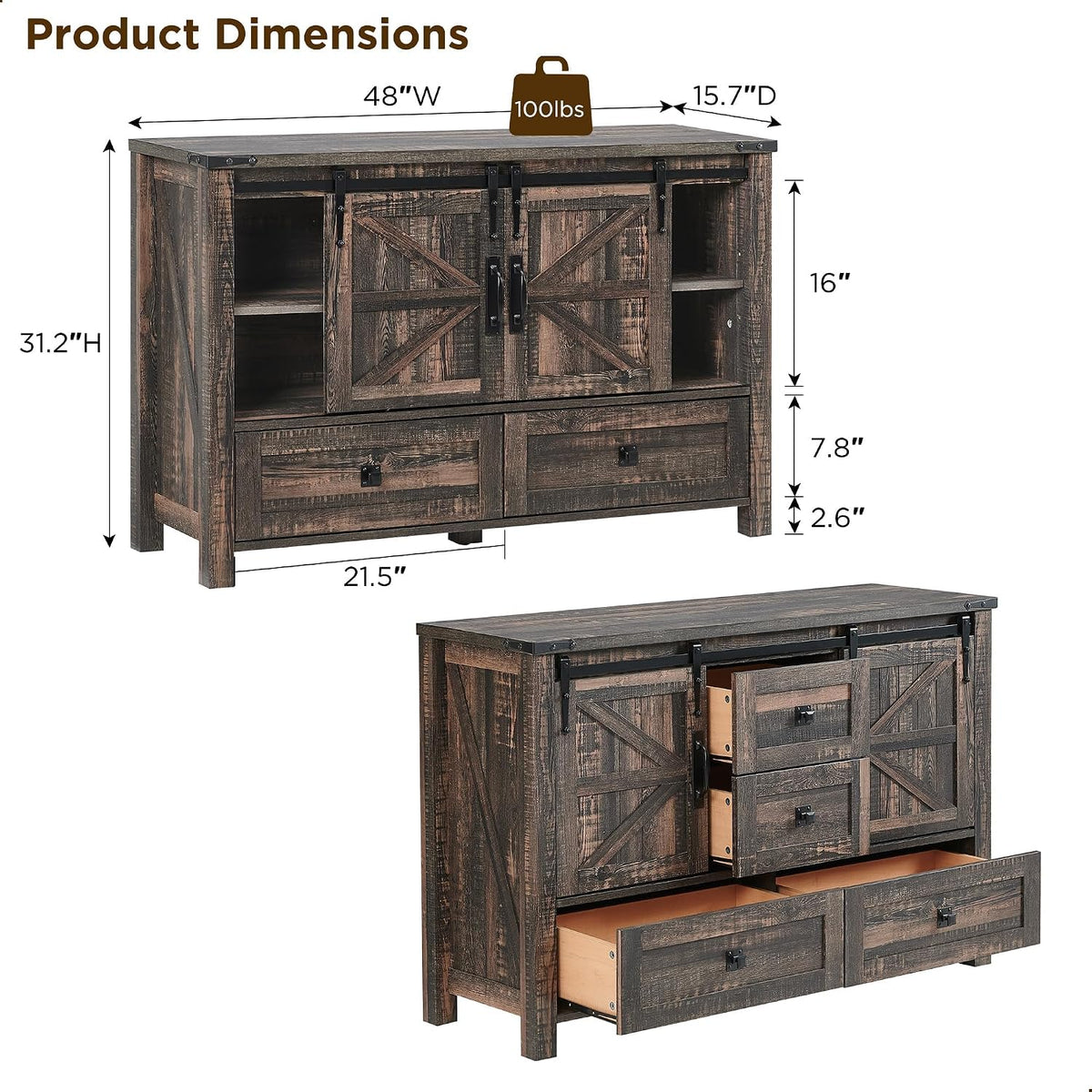 Dark Oak 48" Farmhouse Sideboard