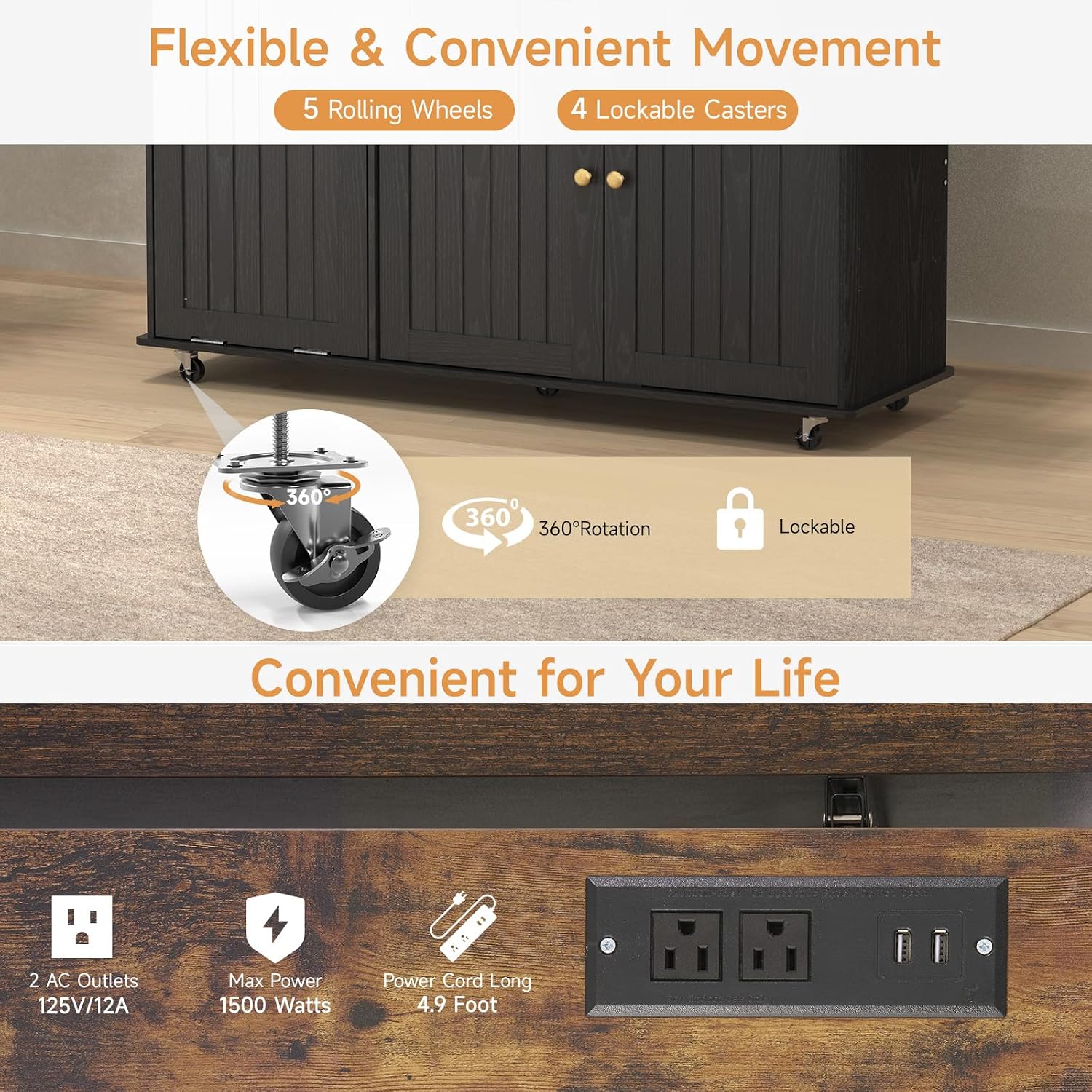 60" Black Brown Rolling Kitchen Island