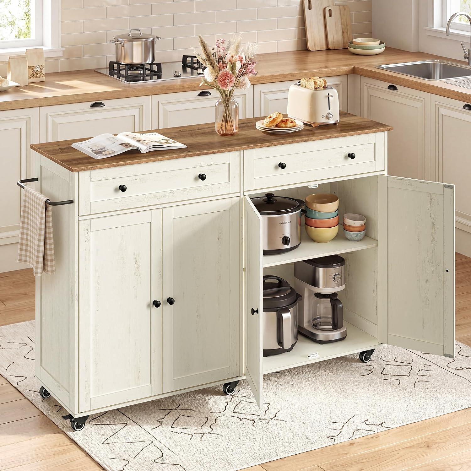 White Brown Rolling Kitchen Island