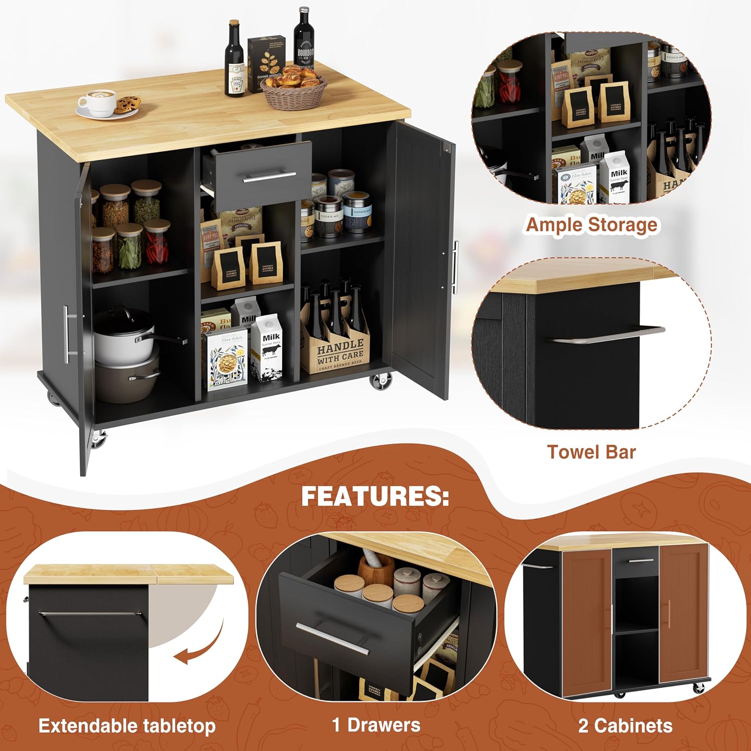 42" Black Rolling Kitchen Island