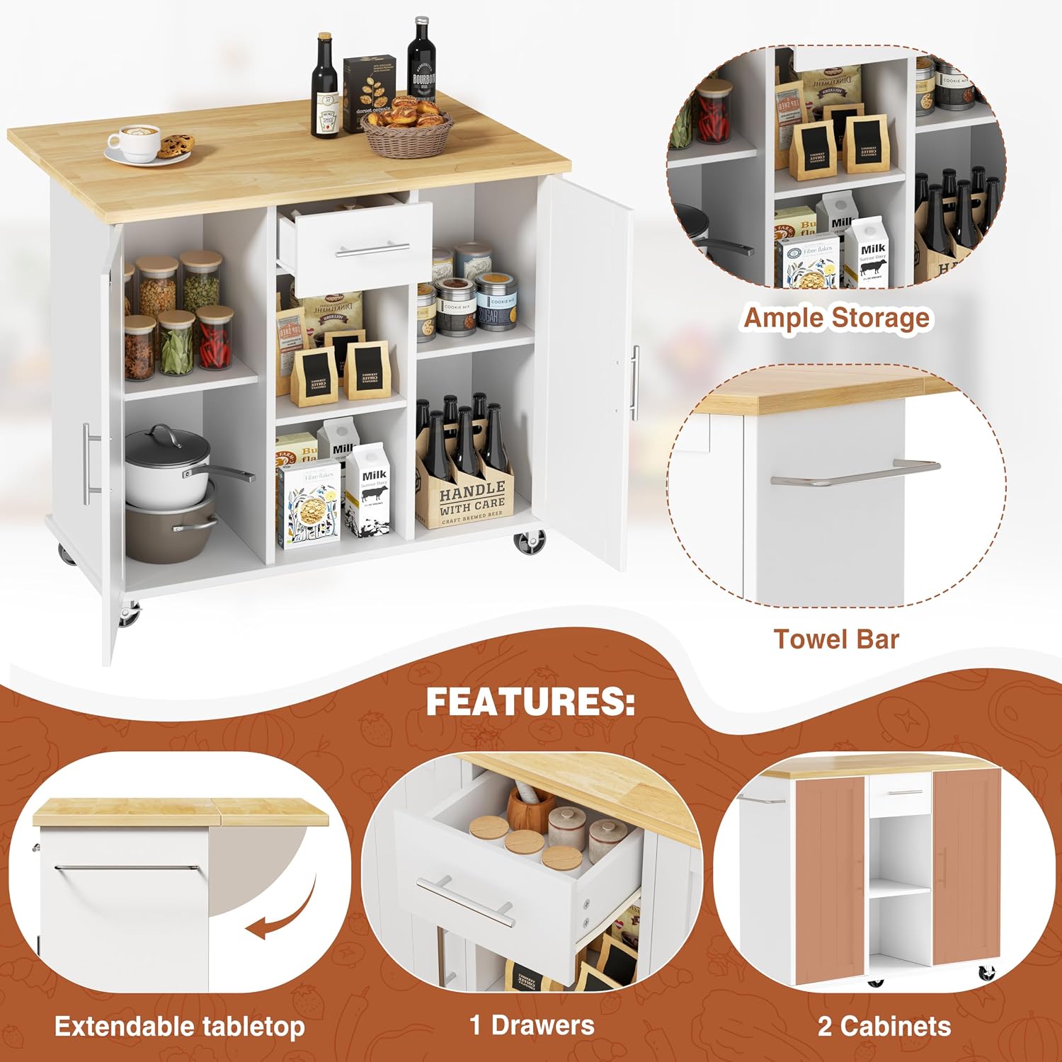 42" White Rolling Kitchen Island Cart