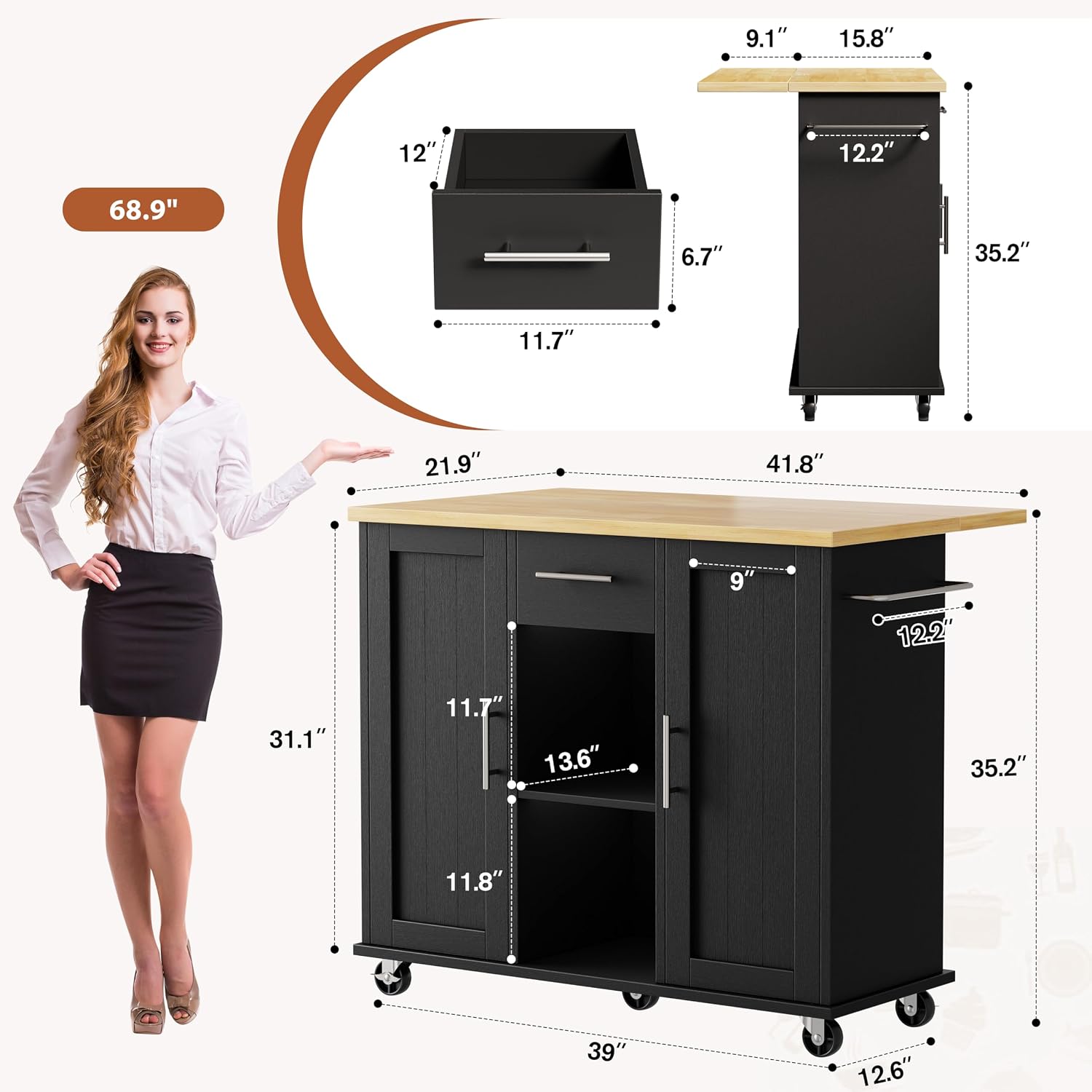 42" Black Rolling Kitchen Island